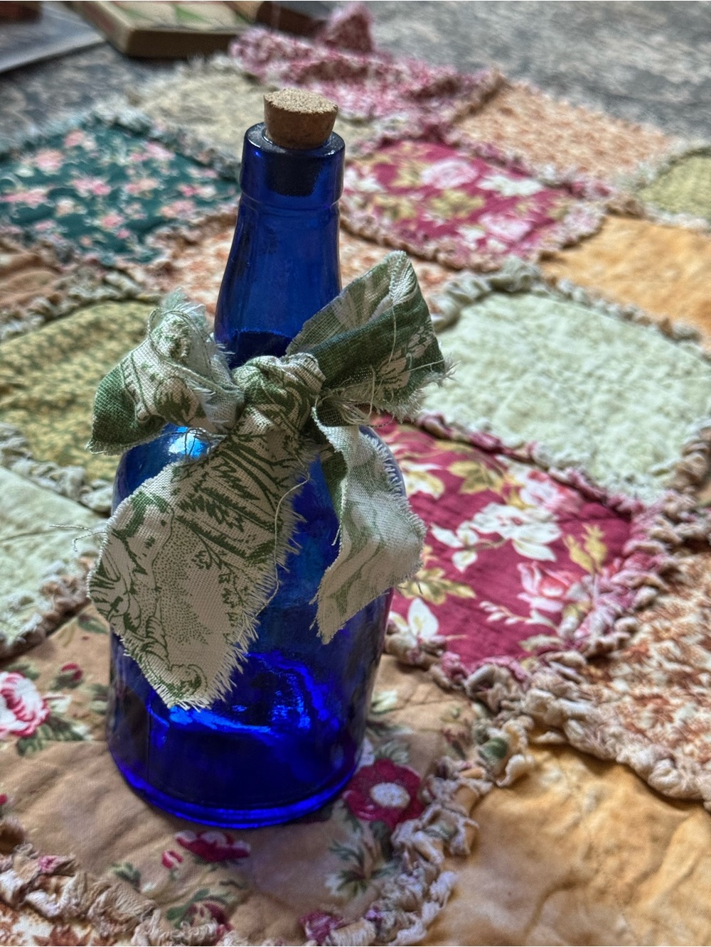 Vintage Cobalt Blue Glass Bottle with Green Fabric Bow - Picture 5 of 6